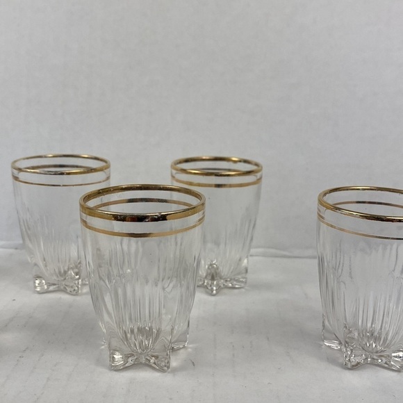 Vintage shot glass set of 7 double gold banding ribbed sides star shaped bottom - Picture 5 of 5